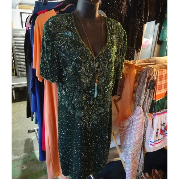 Vintage Scala Green Beaded Cocktail Dress - Picture 1 of 1